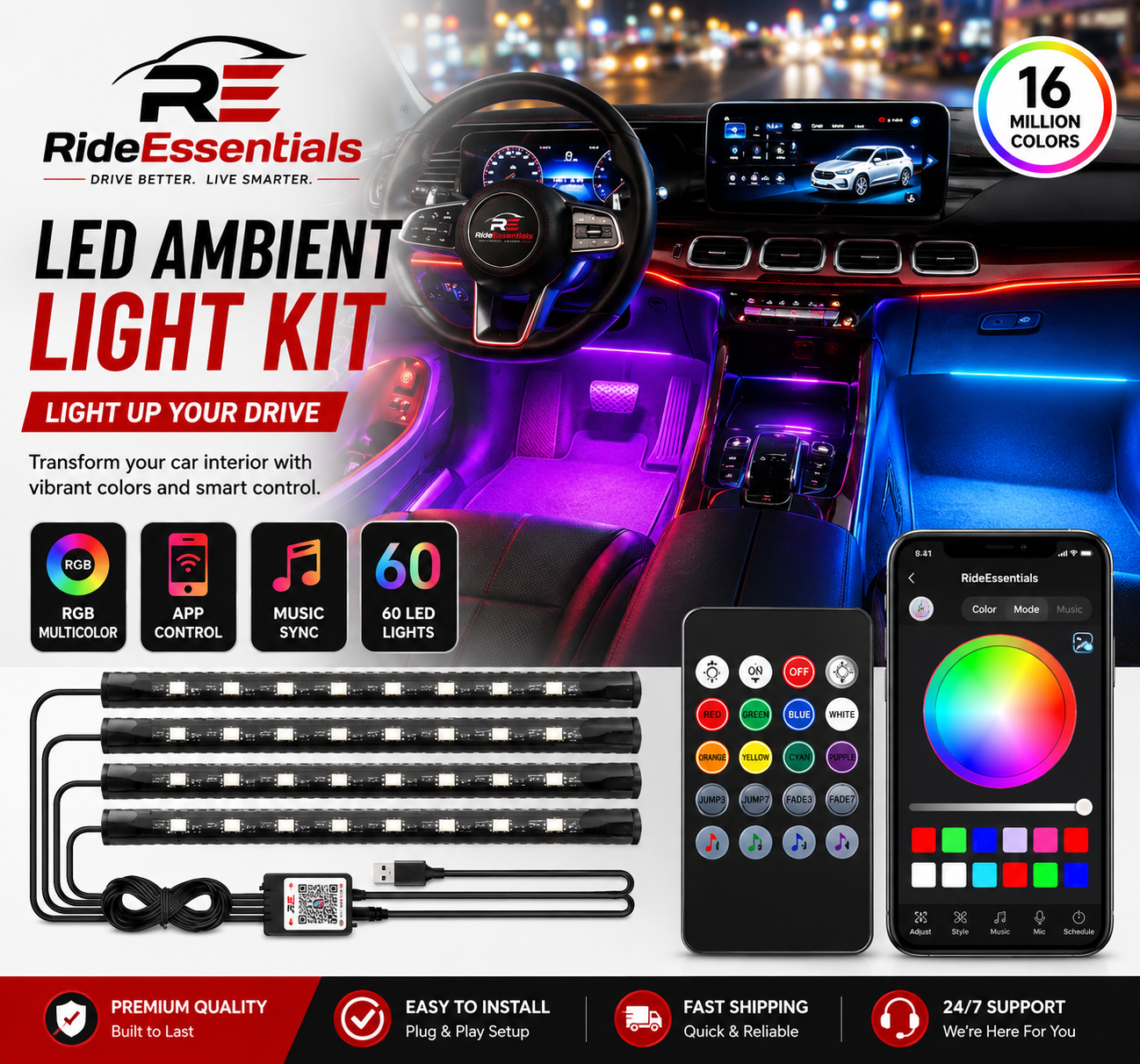 GlowDrive Pro™ | Wireless RGB Car Ambient Lights