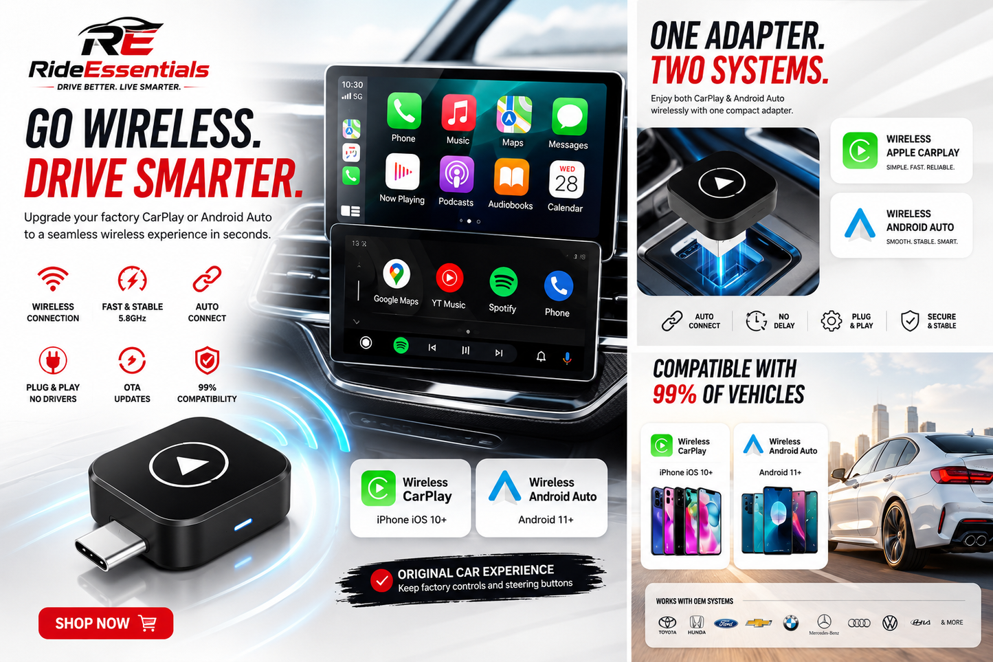 DriveLink Pro™ | 2-in-1 Wireless CarPlay & Android Auto Adapter